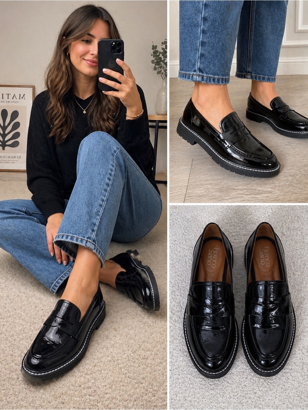Franco Sarto Black Patent Leather Loafers Chunky Sole Size 9